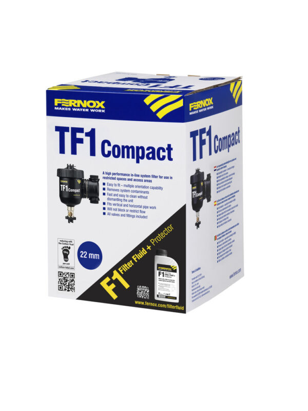 Fernox pack TF1 Compact 3/4 hoogw. CV inst.filter kleine ruimtes en bep. toeg. mont. in meerdere richt. snelle reiniging max.temp.100°C max.werkdr.3 bar max.str.snelh. 25l/min glasvezel versterkt nylon+F1 filter fl.+prot. 500ml Vuilafscheider