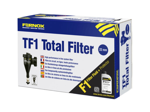 Fernox pack TF1 1′ hydrocycloon magnetische doorlopende filter unieke werking past in horiz. en verticaal pijpwerk max. temp. bereik 100°C max. stroomsnelheid 25l/min. glasvezel versterkt nylon + F1 filter fluid+protector 500ml Vuilafscheider