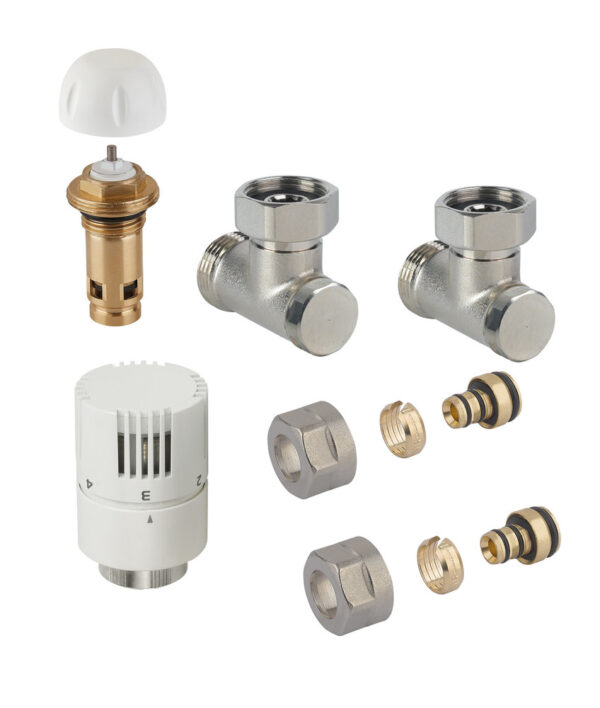 intro set voor muuraansluiting voor horizontale paneelradiatoren Multicompact met onderaansluiting 3/4″ bestaande uit: radiatorthermostaat, insert, 2 haakse radiatorkoppelingen en 2 aansluitkoppelingen Kranen 1/2